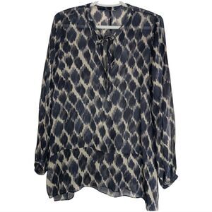 Club Monaco Women's Navy Blue Sheer 100% Silk Abstract Tie Neck Tunic Blouse